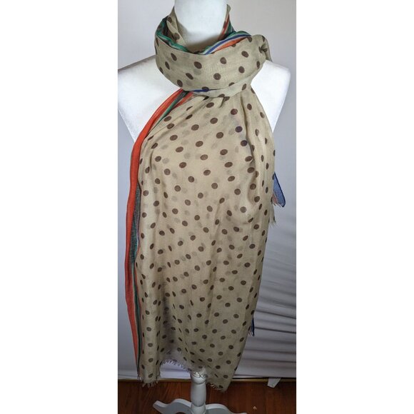 Vintage 70s Taupe Scarf With Brown Polka Dots And Rainbow Stripes - Picture 7 of 8